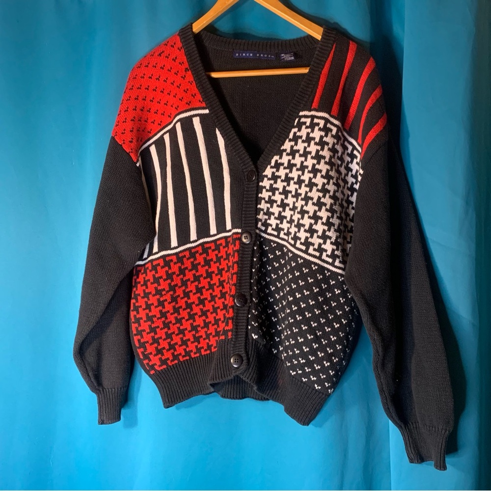 Birch Bros Brothers Black, Red, WhiteCardigan Sweater 100% Cotton Argyle Stripe